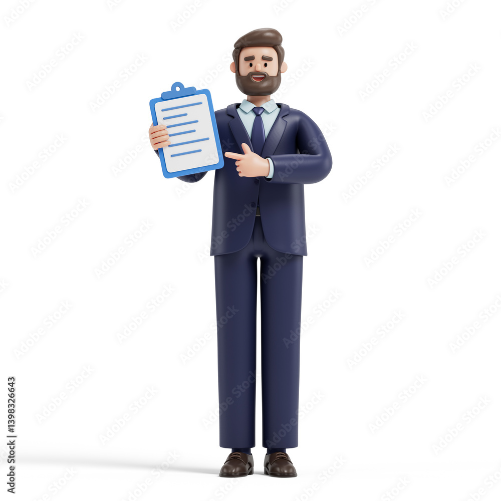Poster man holding document, gesturing, symbolizes explanation or presentation of information. 3d rendering