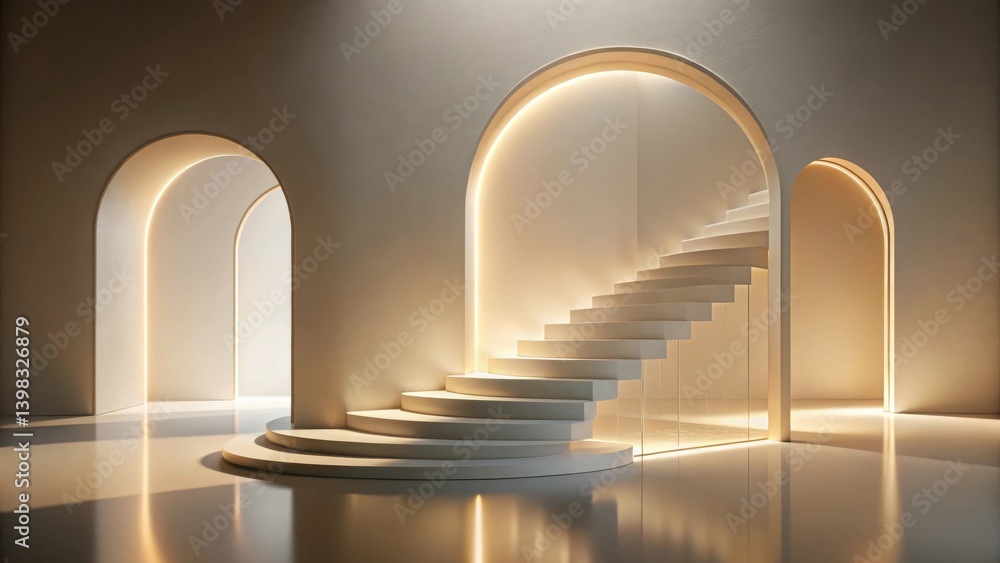 Poster illuminated architectural staircase with arched entryways and subtle warm lighting