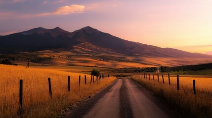A scenic dirt road leading toward distant mountains during sunrise