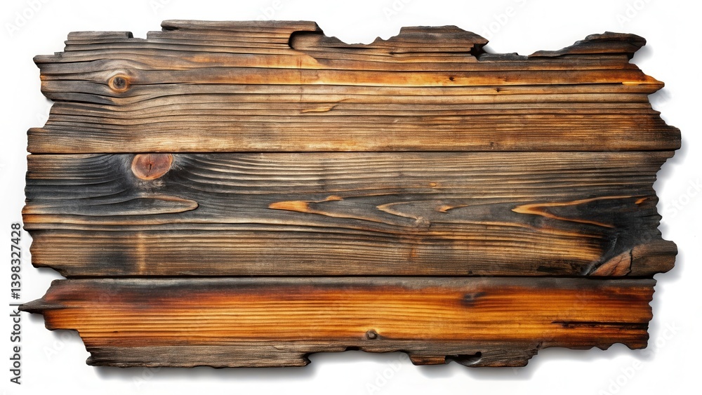 Aufkleber rustic weathered wooden plank with irregular edges, showing signs of age and fire damage, ideal for 