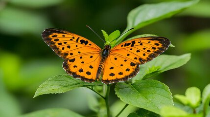 Obraz premium Orange Spotted Butterfly On Green Leaf