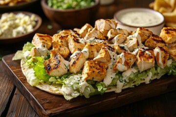 A side-angle view of a Chicken Caesar wrap overflowing with grilled chicken and crisp lettuce, served on a rustic wooden table with a bowl of Caesar dressing