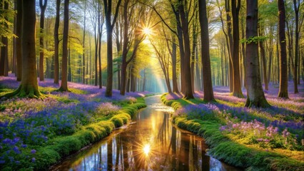 Obraz premium Serene Sunrise Illuminates a Tranquil Woodland Stream Banked with Vibrant Purple Blossoms