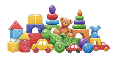 Obraz premium children toys-like abstract forms combined with pencil-drawn lines.clean white backgruond 