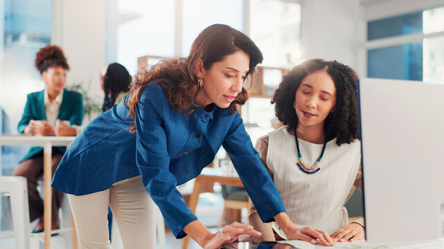 Business, mentor and help woman with computer for corporate training, financial system and investment advice. Finance intern, manager and feedback for proposal report, learning process and support