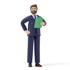 Man holding green folder, symbolizing organization or preparation of documents. 3D rendering, conceptual image. Isolated on white background.