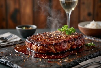 Juicy Medium Grilled Steak with Sauce on Rustic Plate