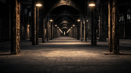 Fototapeta premium A dark abandoned interior with large pillars and overhead lights