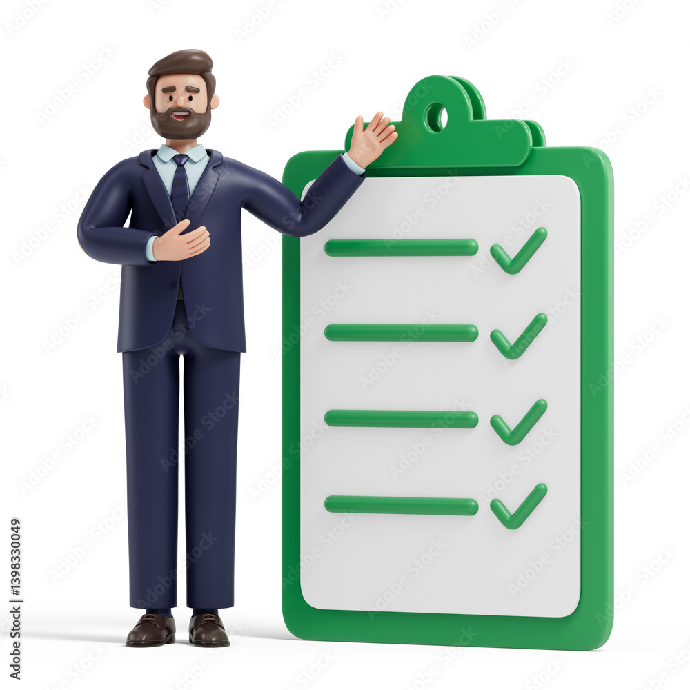 Aufkleber man presenting checklist with ticks, symbolizing completion of tasks or goals. 3d rendering, concept
