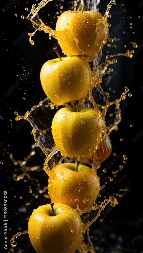 Poster  A bunch of apples being blasted by water, creating a dynamic splash effect around them.