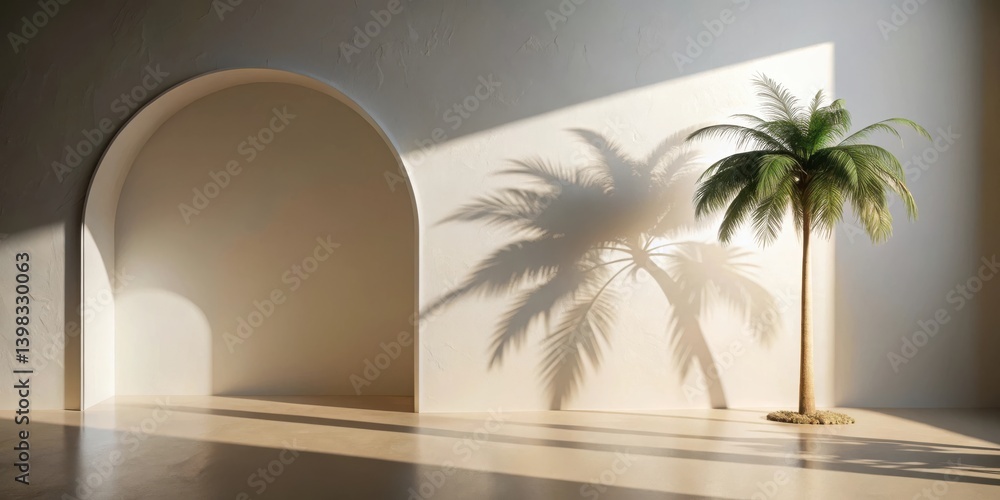 Poster serene minimalist interior with palm tree and archway casting sunlight shadows