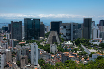 Fototapeta premium View of Rio city center, including the Cathedral, from the Parque das Ruínas cultural center, Santa Teresa neighborhood, Rio de Janeiro, Brazil 