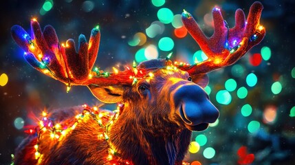 Fototapeta premium A moose is decorated with colorful Christmas lights brilliantly