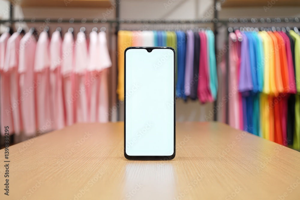 Poster a smartphone on display in front of a colorful clothing rack.