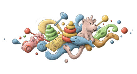 Obraz premium children toys-like abstract forms combined with pencil-drawn lines.clean white backgruond 