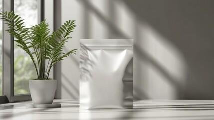 Blank food pouch mockup in modern interior with plant