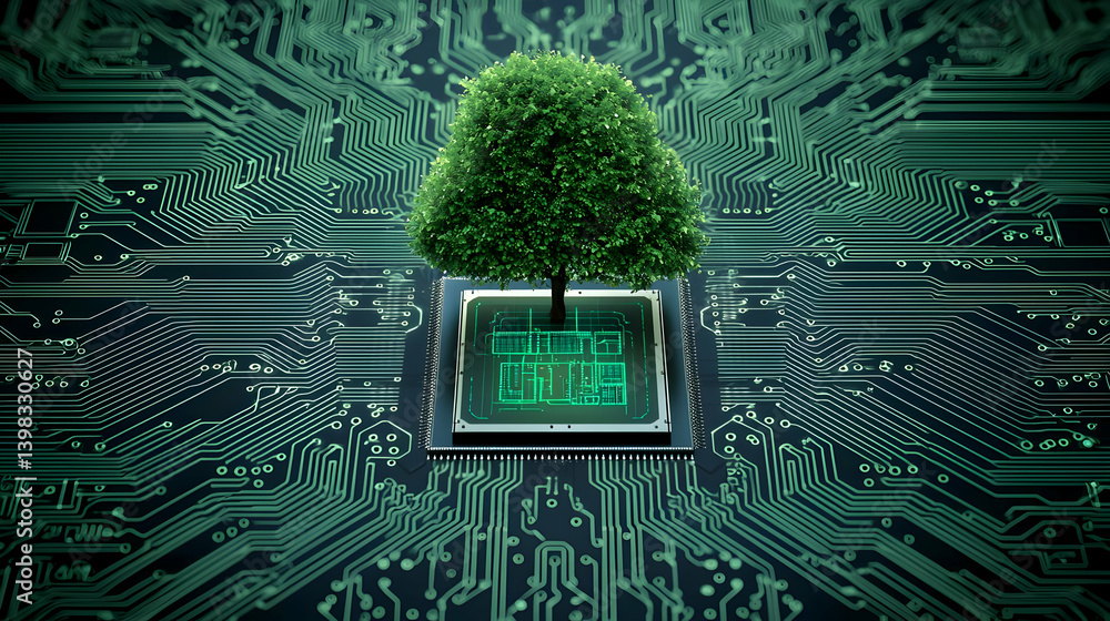 Poster Green Tree On Computer Chip With Circuit Board Background