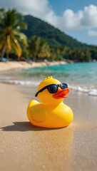 Obraz premium A yellow rubber duck wearing sunglasses on a sandy beach.