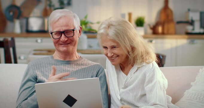 Cheerful grandma and grandpa calling by video in laptop, online communication. Happy elderly spouses waving hands and smiling to front camera of notebook, modern technology and aged people, portrait