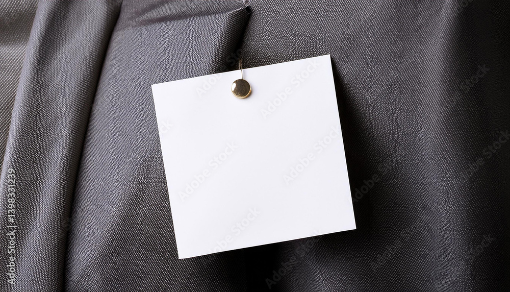 Poster gray jacket detail. square white label hangs from garment with gold tack. textured fabric creates si