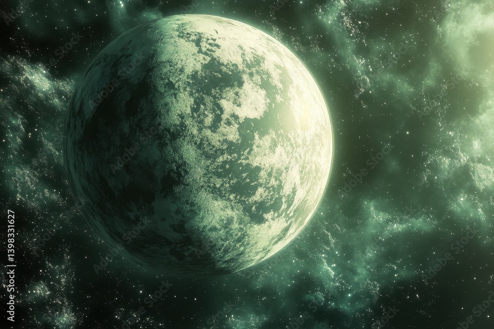 Poster exploring a distant planet surrounded by cosmic clouds and twinkling stars in deep space