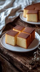 Japanese Castella Sponge Cake Sliced on White Plate Over Rustic Wooden Table