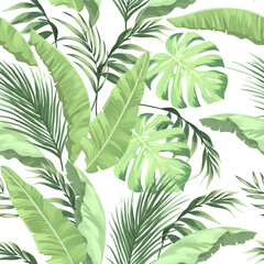 Jungle vector pattern with tropical leaves.Trendy summer print. Exotic seamless background. Wallpaper. Tropic banner.	
