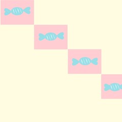 Decorative pattern with a cute packaged light blue candy motif, placed in pastel pink boxes on a pale yellow background. This design is arranged diagonally, giving a dynamic and playful impression.