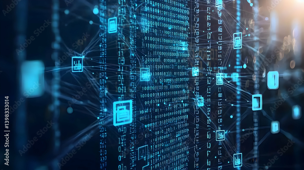 Poster abstract digital network technology background with glowing symbols