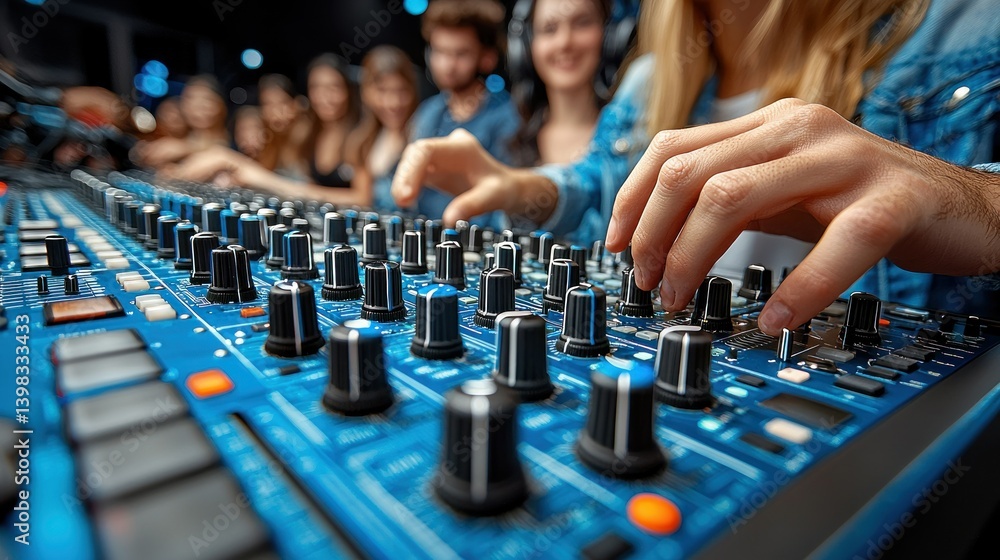 Poster sound engineering control panel: close-up of a person adjusting knobs on a professional audio mixer 