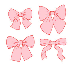 Ribbon bows vintage set. Coquette theme elements isolated. Cute retro vector illustration. Romantic hair accessory. Hand drawn trendy clipart. Girly icon set. Lovely cottage core feminine graphics.