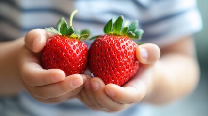 Fototapeta premium Child holding a strawberry and preparing to eat it