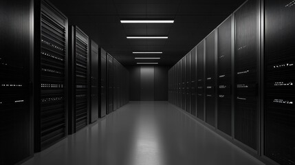 Dark Server Room Corridor With Rows Of Black Servers