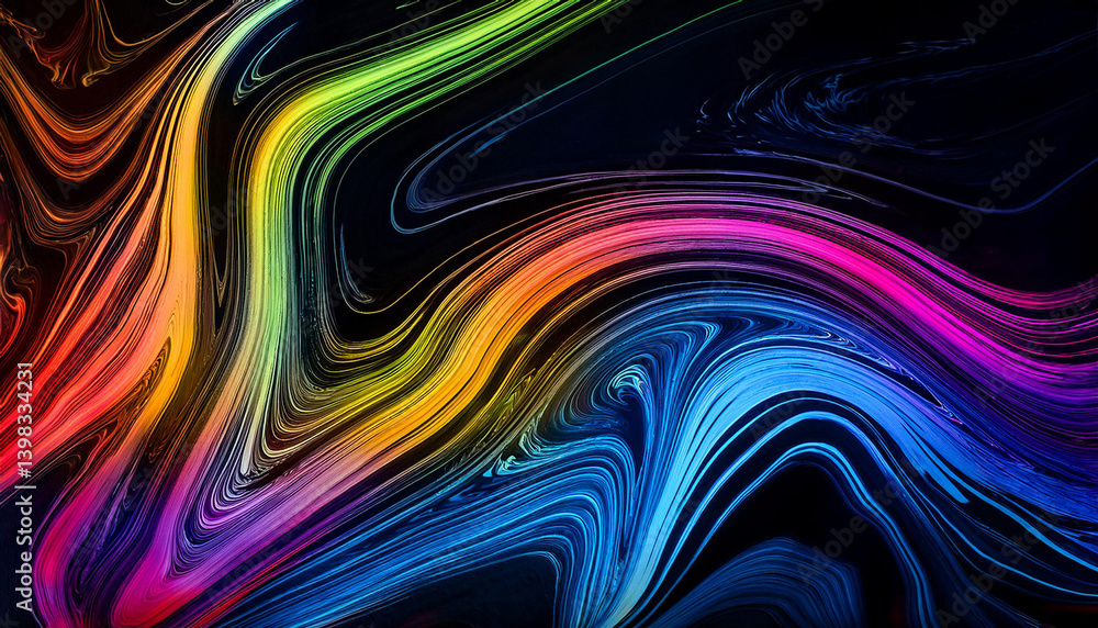 Poster colorful wavy lines move on dark background. abstract art with flowing paint. bright spectrum of liq