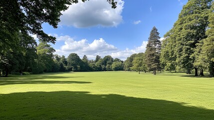 Fototapeta premium Lush green parkland under a partly cloudy sky