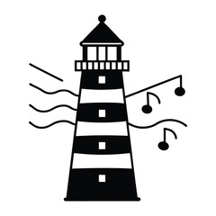 A lighthouse shining musical notes on white background.
