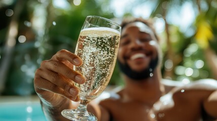 A joyful person in a pool holds a sparkling drink, surrounded by lush greenery that evokes a cheerful and relaxed atmosphere perfect for summer celebrations.