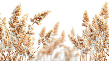 Fototapeta premium A close-up shot reveals delicate beige reeds gently swaying against a bright white background creating a serene and peaceful natural scene perfect for design projects.