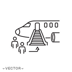 landing a passengers on a plane icon, start airplane flight, airport service, thin line symbol isolated on white background, editable stroke eps 10 vector illustration