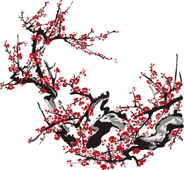 Minimal Sakura Branch in Japanese Style. Sakura Blossom Japanese Ink Illustration