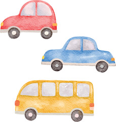 collection of childish cars watercolor isolated on white background. painting design for kids poster, card, and print