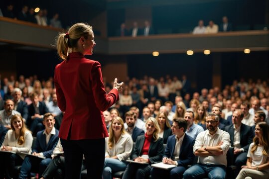 Confident business woman motivational speaker inspiring success on stage