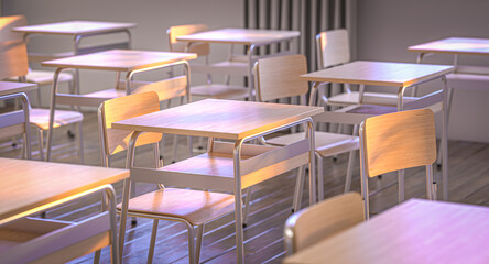 Sunlight is illuminating empty classroom with wooden furniture