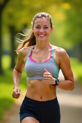 Fototapeta premium Energetic Blonde Athlete Running in Park – Vibrant Sportswear Portrait