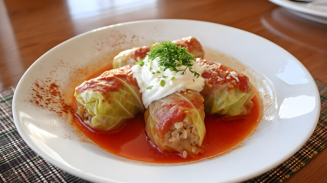 Delicious Sarmi with Cabbage Leaves and Rice Mixture Topped with Creamy Sauce and Fresh Herbs