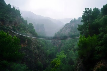 A long and thin bridge made of steel mesh leading to the top of an ancient mountain