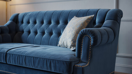 Obraz premium Blue tufted sofa with pillows in room