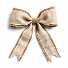 Rustic burlap bow with frayed edges on white background 