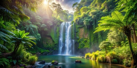 Serene Waterfall Cascading Through Lush, Verdant Rainforest, Bathed in Golden Sunlight