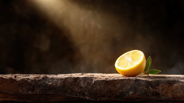 A halved lemon placed on a rough stone surface with dramatic lighting, creating a visual feast that symbolizes freshness and adds a rustic charm to culinary presentations.